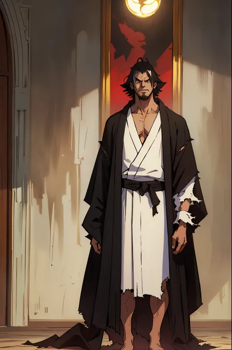 (masterpiece:1.3), (Best quality:1.3), 8K, solo, bum, casual look, full length, torn robes, beggar, Evil look