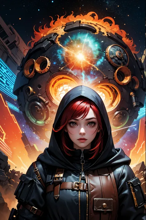 1girl,(red_hair, post apocalyptic, steampunk, hooded steampunk tactical gear and goggles:1.1),(zentangle, mandala, tangle, entangle:0.6),(fractal, atmospheric, psychedelic, aesthetic,,cosmic, colorful, dreamlike art),the most beautiful form of chaos,brutal...