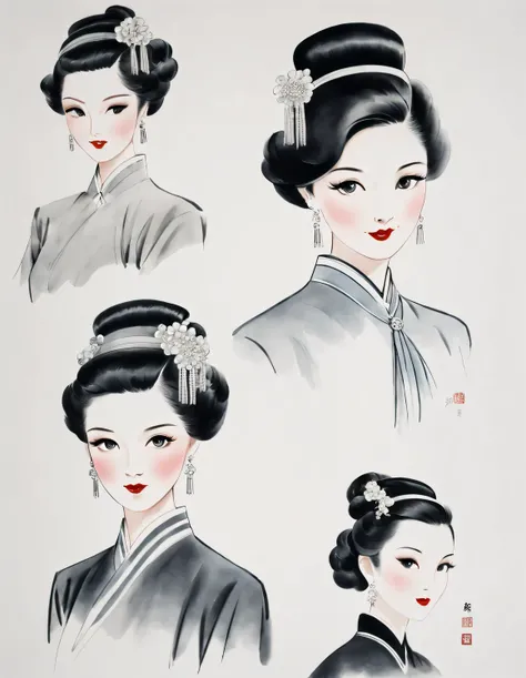 Ink portraits of Chinese beauties in the 1930s, （ Hairstyle and clothing 0.85 1930s, ）
movie light, Fashion, Overhead light, close up, close up, spotlight, hazy, gorgeous clothes, line art, ink painting,