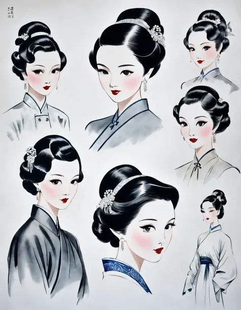 Ink portraits of Chinese beauties in the 1930s, ( Hairstyle and clothing 0.85 1930s, )
movie light, Fashion, Overhead light, close up, close up, spotlight, hazy, gorgeous clothes, line art, ink painting,