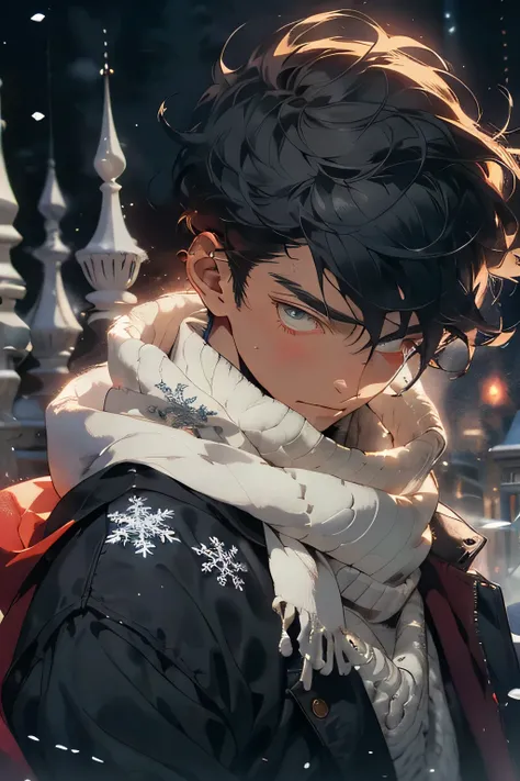 actual, (masterpiece, top quality, best quality, official art), Very detailed, colorful, most detailed, God, short hair, black hair, (magic), handsome man, snowflake, white scarf