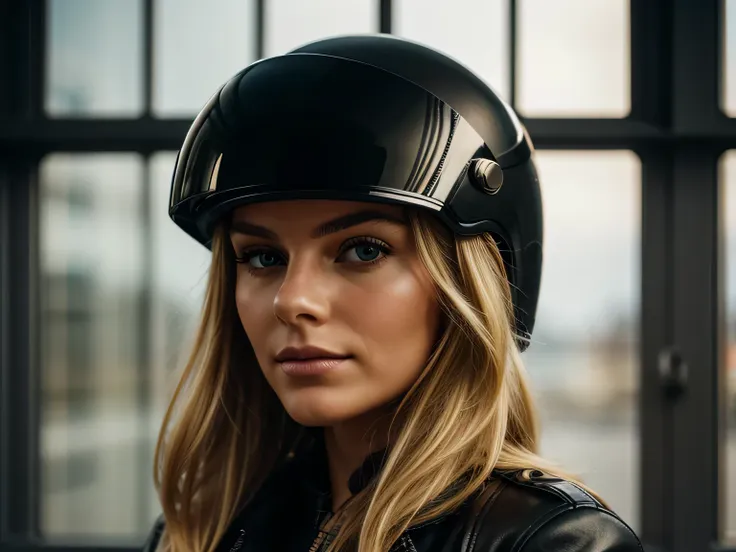 lifestyle photo of a pretty female biker with wavy blonde hair and black leather jacket, holding a sleek red motorcycle helmet g...