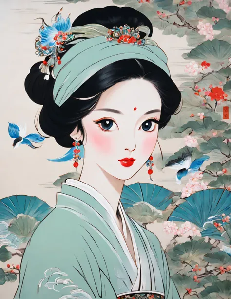 Close-up drawing of woman wearing headscarf, chinese woman, Art Deco portrait, Inspired by Pan Yuliang, Shenglin style art works, Chinese girl, author:Zhang Sengyao, Inspired by Qiu Ying, by Qiu Ying, Inspired by Tang Di, by Cheng Jiasui, queen of china, a...