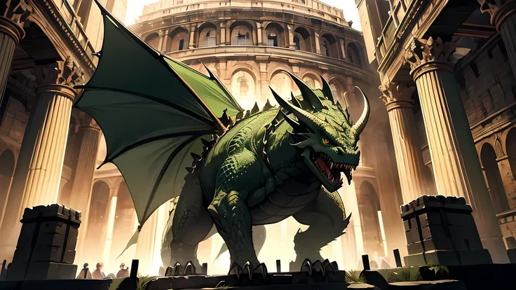 green dragon, menacing, in a cage, center colloseum, medieval times, ferocious, large body