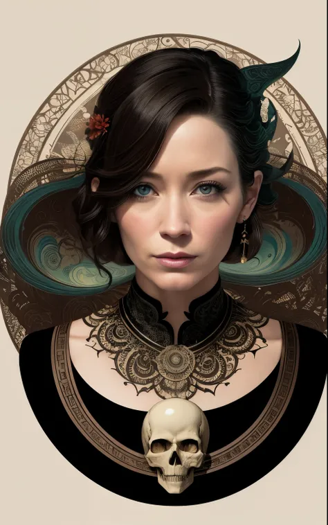 (Emily blunt:Evangeline Lilly) is a beautiful charming pirate carved out of dark smoke, dressed as a pirate in black, circular colored smoke, waves of shadows at night, abstract skull ornaments, soft colors, flat 4d street art in the style of adrian ghenie...