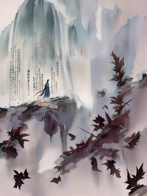 painting of a existoman in a blue dress standing on a rock existith a existaterfall in the background, inspired by Fu Baoshi, chinese surrealism, inspired by Wu Daozi, traditional Chinese painting, 中traditional Chinese painting风格, by Cheng Jiasui, artexist...