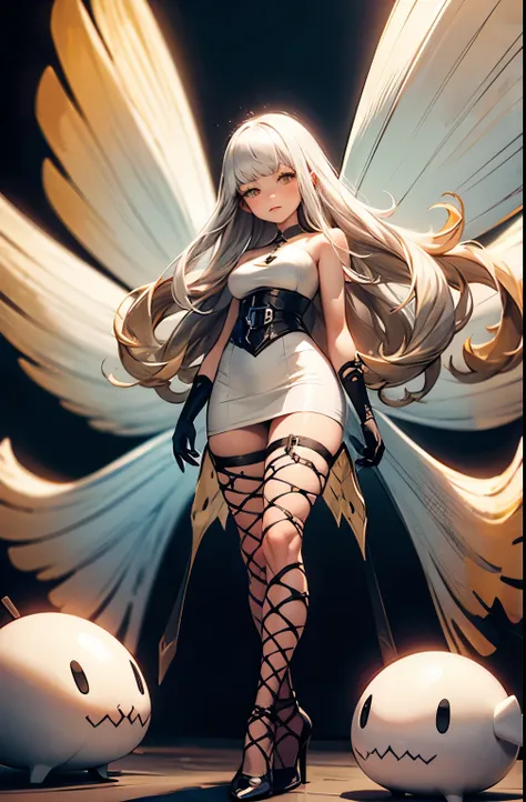 airy, bravely default, black gloves, high heels,  FernFrieren, very long hair, yellow eyes, (gold pupils), looking down, straight-on,(fairy wings), expressionless, arms spread out, standing for battle, looking at viewer, large breasts,, ultra detailed, mas...