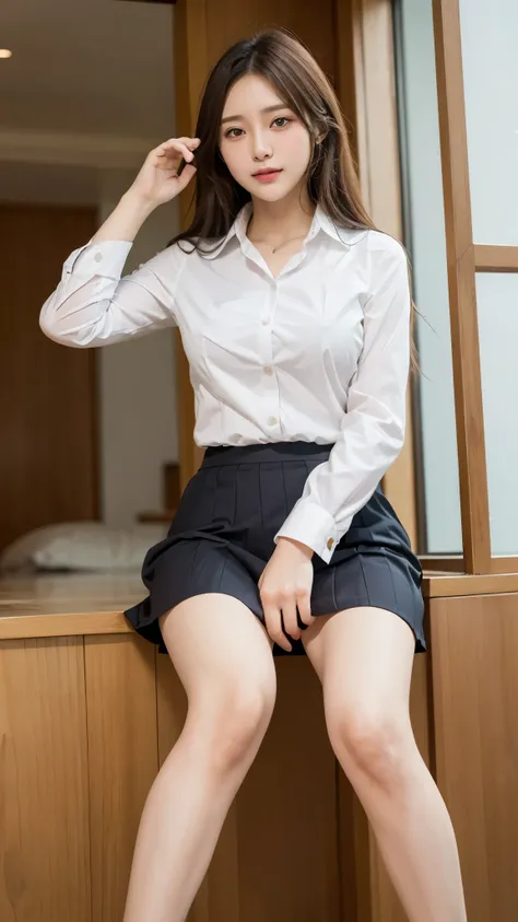 (1 female), beautiful, wonderful face and eyes, compensate, (very detailedbeautiful顔), enchanting smile, (highest quality:1.4), (super detailed), (very detailed CG 統合 8k 壁紙), very detailed, RAW photo, professional photography, (suit, mini skirt:1.2), (Busi...