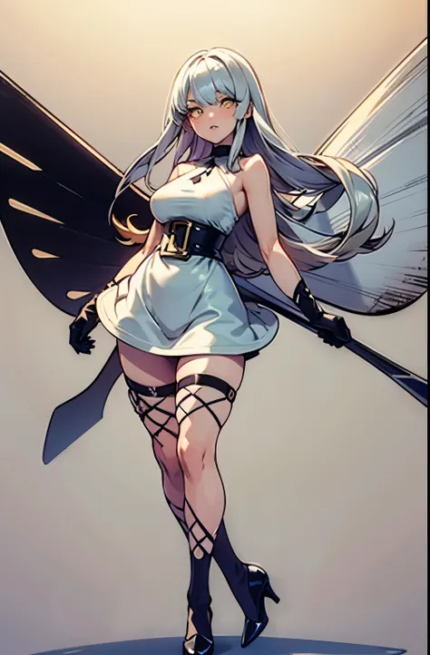 airy, bravely default, black gloves, high heels,  FernFrieren, very long hair, yellow eyes, (gold pupils), looking down, straight-on,(fairy wings), expressionless, arms spread out, standing for battle, looking at viewer, large breasts,, ultra detailed, mas...