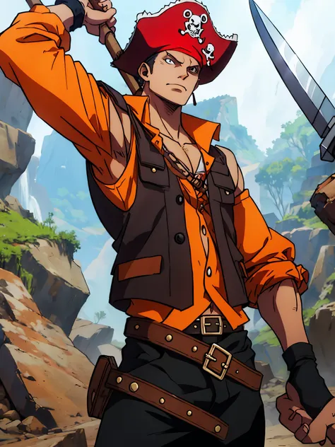 Big pirate, steel jaw, Two-Handed Axe, leather vest