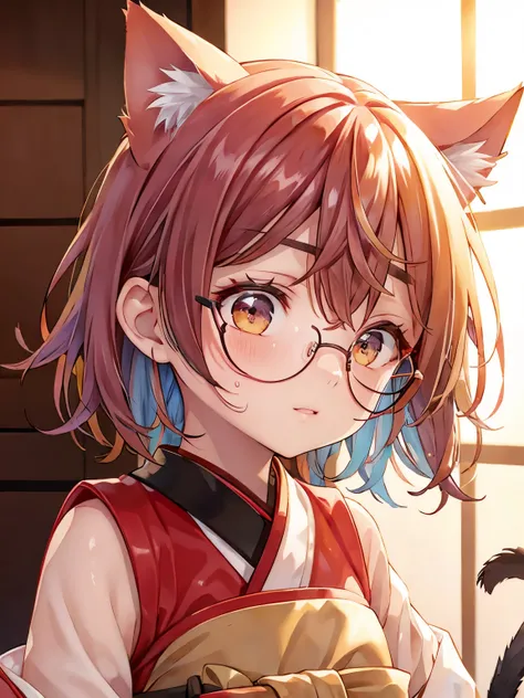 Glasses, short hair, red cheeks, thick eyebrows, sweating, miko clothes, cat ears