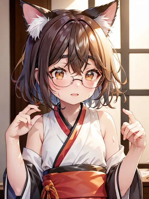 Glasses, short hair, red cheeks, thick eyebrows, sweating, miko clothes, cat ears