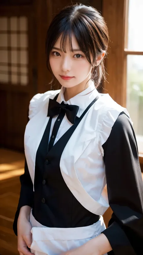 (highest quality,masterpiece:1.3,ultra high resolution),(Super detailed,caustics,8k),(photorealistic:1.4,RAW shooting),girl dressed as a butler,Japanese,Handsome guy,20-year-old,black hair short cut,looking at the camera,Inside a Western-style mansion,shot...