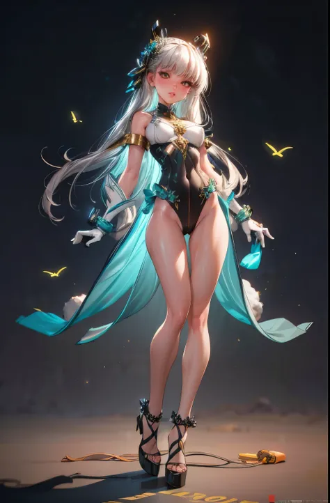 gloves, high heels,  FernFrieren, very long hair, eyes, (gold pupils), looking down, straight-on, expressionless, arms spread out, standing for battle, looking at viewer, gigantic breasts,, ultra detailed, masterpiece, best quality, aesthetic, detailed, ha...