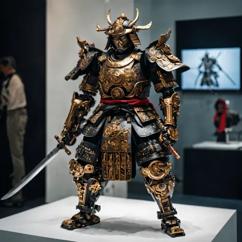 Photo of a mechanical samurai in full pose, mechanical samurai warrior prototype, samurai cyborg, mechanical samurai presented as an exhibit at a mechanical exhibition, whole body, full pose, Canon EOS 5D Mark IV Camlan 50mm F1.1 II