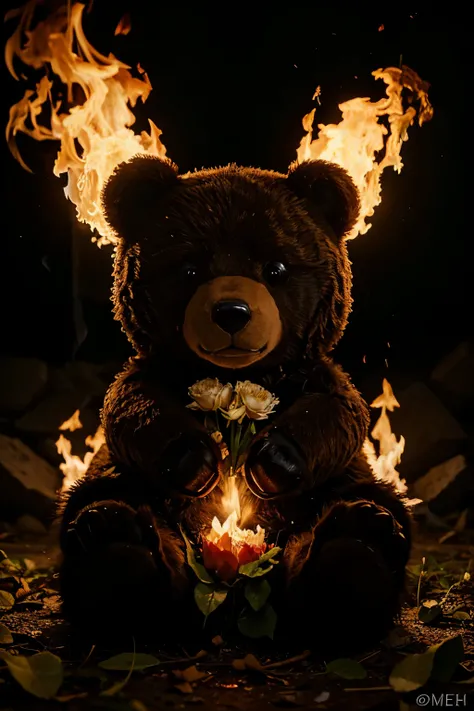 Evil bear with flowers on fire around