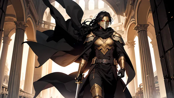 thin young man, dark skin wearing mask, V-shaped vendetta wears a golden mask, holding sword, in a center of colloseum arena, gladiator, long black hair tied up, walking calmly, in a darrk night