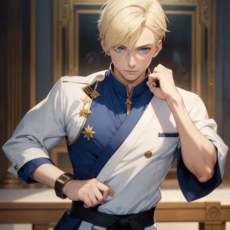 Young guy, short Blonde hair, blue eyes, prince, martial arts, Masterpiece, hiquality