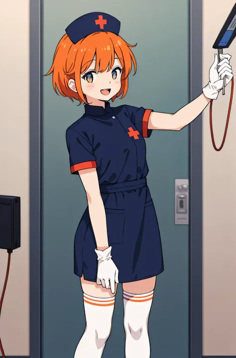 1 girl, alone, nurse, nurse cap, Whiteware, ((white legwear, zettai ryouiki)), white gloves, very short hair, orange hair, smile, open your mouth, Are standing, ((hospital room)), sharp outline, short sleeve, Tomboy, boyish, highest quality, masterpiece