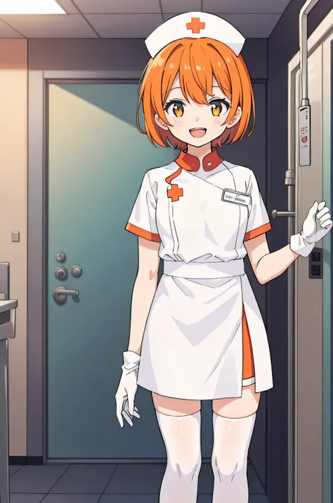 1 girl, alone, nurse, nurse cap, Whiteware, ((white legwear, zettai ryouiki)), white gloves, very short hair, orange hair, smile, open your mouth, Are standing, ((hospital room)), sharp outline, short sleeve, Tomboy, boyish, highest quality, masterpiece