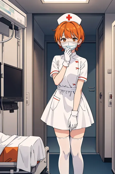 1 girl, alone, nurse, nurse cap, whiteware, ((white legwear, zettai ryouiki)), white gloves, very short hair, orange hair, ((whi...