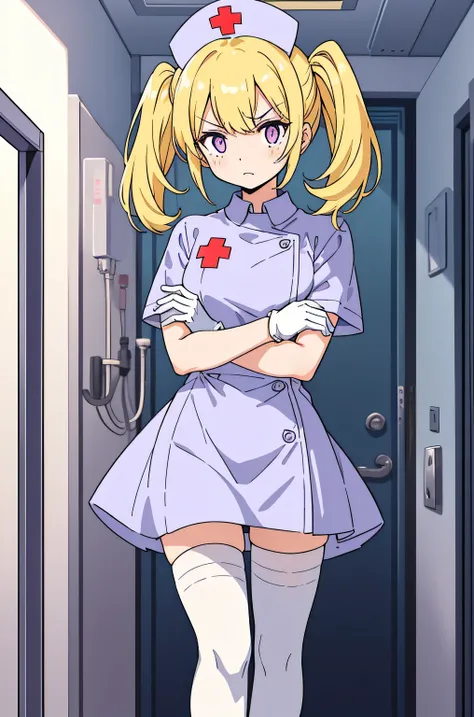 1 girl, alone, nurse, nurse cap, Whiteware, ((white legwear, zettai ryouiki)), white gloves, twin tails, yellow hair, purple eyes, anger, crossed arms, Are standing, ((hospital room)), sharp outline, short sleeve, highest quality, masterpiece