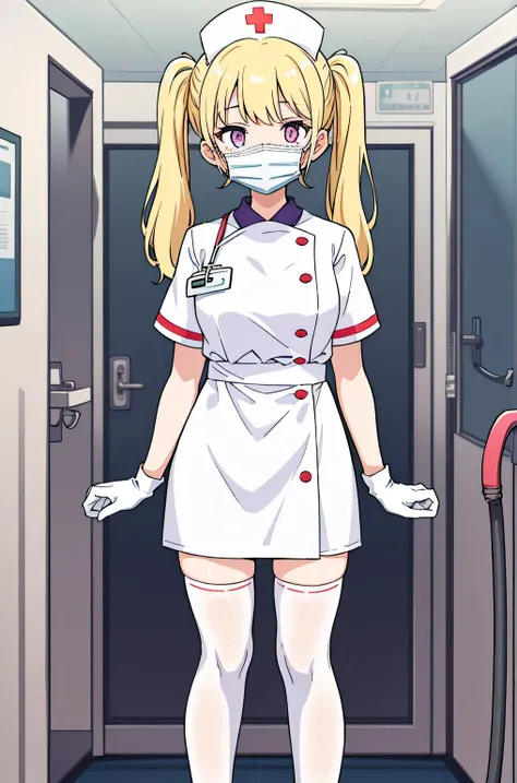 1 girl, alone, nurse, nurse cap, Whiteware, ((white legwear, zettai ryouiki)), white gloves, twin tails, yellow hair, purple eyes, ((White surgical mask, Covered nose)), Are standing, ((hospital room)), sharp outline, short sleeve, highest quality, masterp...
