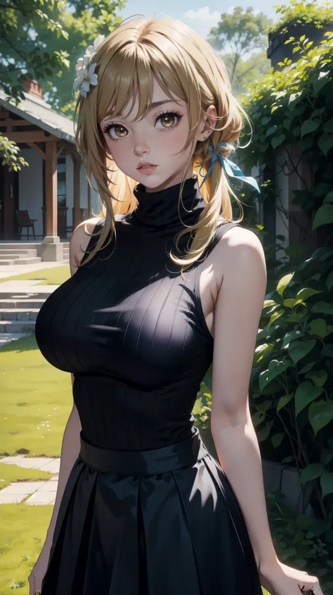  (masterpiece, top quality, best quality, official art, beautiful and aesthetic:1.2), (beautiful face), 
extremely detailed,colorful,highest detailed, (outdoors), bright eyes, huge breast, (sleeveless turtleneck:1.5), ((luminernd)), ((skirt)), standing