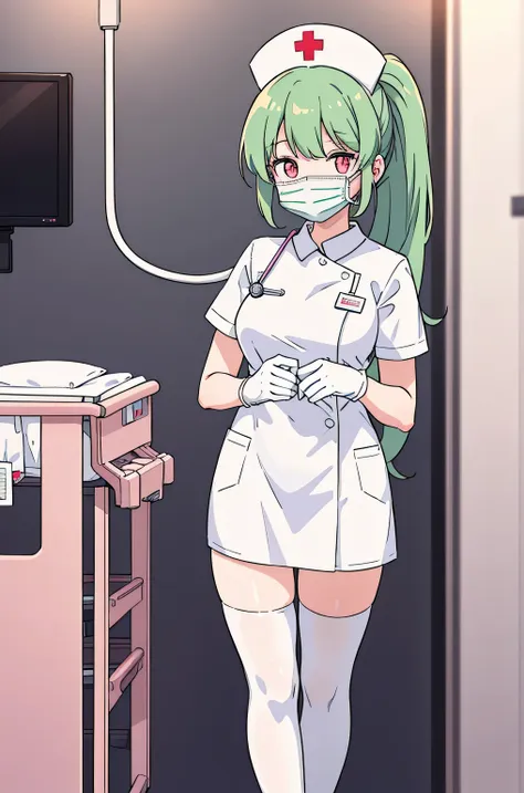 1 girl, alone, nurse, nurse cap, whiteware, ((white legwear, zettai ryouiki)), white gloves, ponytail, green hair, pink eyes, ((...