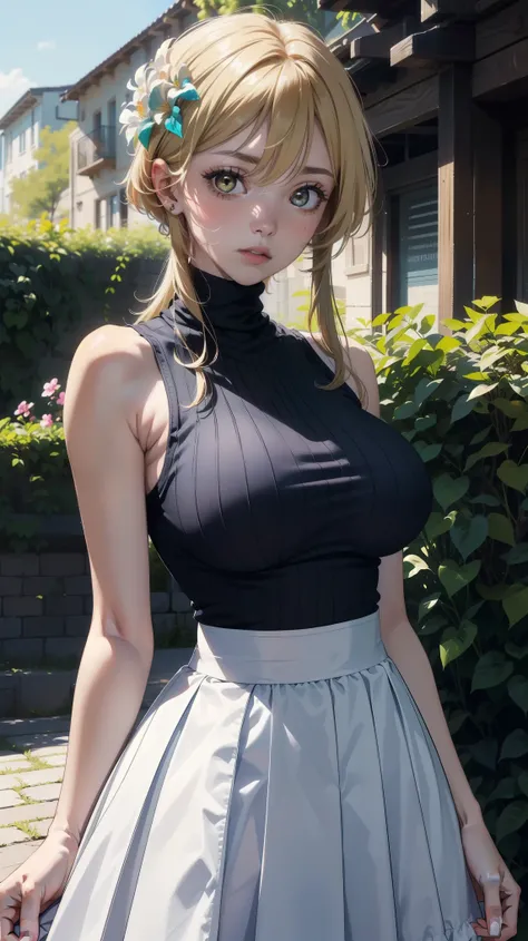  (masterpiece, top quality, best quality, official art, beautiful and aesthetic:1.2), (beautiful face), 
extremely detailed,colorful,highest detailed, (outdoors), bright eyes, huge breast, (sleeveless turtleneck:1.5), ((luminernd)), ((skirt)), standing