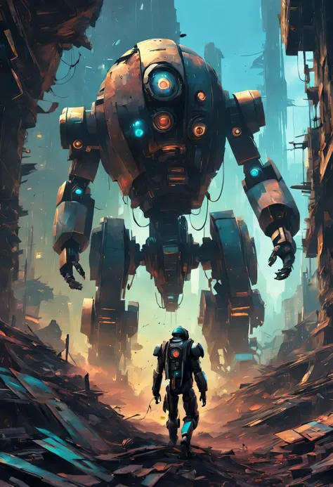 wildernessの風景画,Robot soldiers walking in a ruined future world:Fusion of futuristic science and steampunk,world without humans,arm,dirty,weapons,wilderness,remains of a destroyed building,lost peace,forsaken,Robots will continue the war until they run out ...