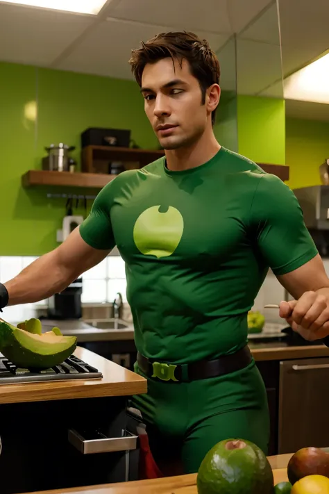 Avocado-themed male superhero in action healthy demonstration