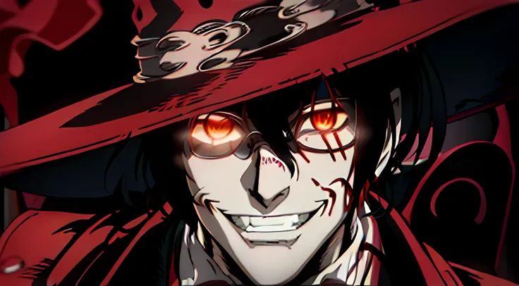 1man, alucard, bust shot, blood all over the body, sinister smile, looking at viewer, wearing his glasses