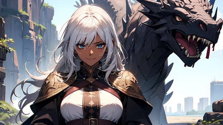 a woman slave, dark skin, worn-out garment, shiny white hair, strong woman, touching a large dragon, smile, happy