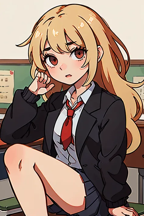 (masterpiece:1.2, highest quality), 1 female, alone, school uniform, classroom, Day, sit, blonde, red eyes, open collabone, black skin, (open chest:1.1),