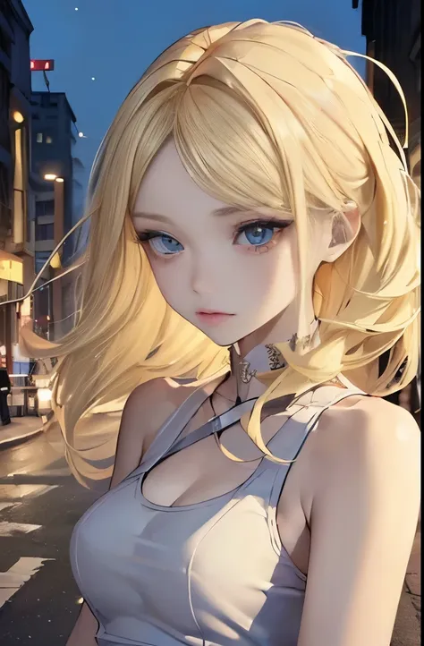 ((highest quality, 8K, masterpiece: 1.3)), whole body, sharp focus: 1.2, outstanding beauty: 1.4, thin abs: 1.2, (((blonde, big: 1.2)), tank top dress: 1.1, (City of night, street: 1.1), Highly detailed face and skin texture, fine eyes, double eyelid