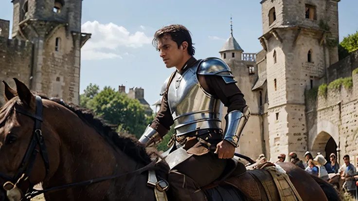 Short, stocky build, sun-kissed skin, dark cropped hair, brown eyes, birthmark near left ear, low or clear voice, mens clothes or armor, 15th century style, kind demeanor. Riding into battle, Joan of Arc. French fortress background.