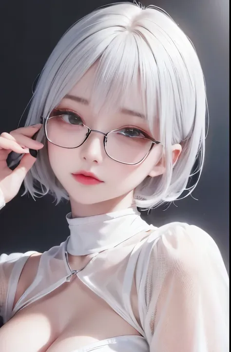 sweet expression, Lying, white glasses, short gray hair, (8K, RAW photo, realistic:1.25) ,( lip gloss, eyelash, shiny face, shiny skin, highest quality, ultra high resolution , Depth of bounds written, chromatic aberration, caustics, wide light, natural sh...