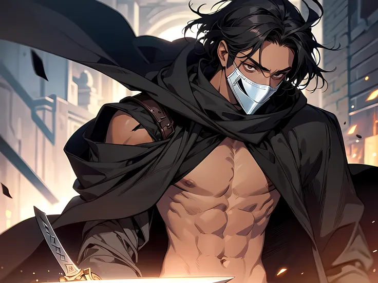 thin young man, dark skin wearing mask, V-shaped vendetta wears a mask, bare chest, worn out cloth, black hair, forging a sword
