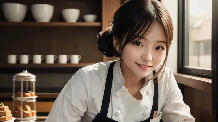 masterpiece, award winning, high quality, super detail, 8k, photo, girl, solo, smile, she is a pastry chef, chefs attire, portrait style, close up, she comes from Japan, Like a magazine interview, at the cafe, soft lighting