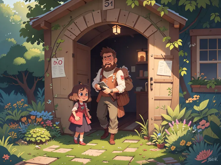 Bearded father is playing hide and seek with his daughter, [[[Ultra detailed, best quality, beautiful, 4K, detailed faces, medieval story]]], blond hair, blue eyes, happy, joyful, smiling face, full body , chase, garden, windows, cozy home garden