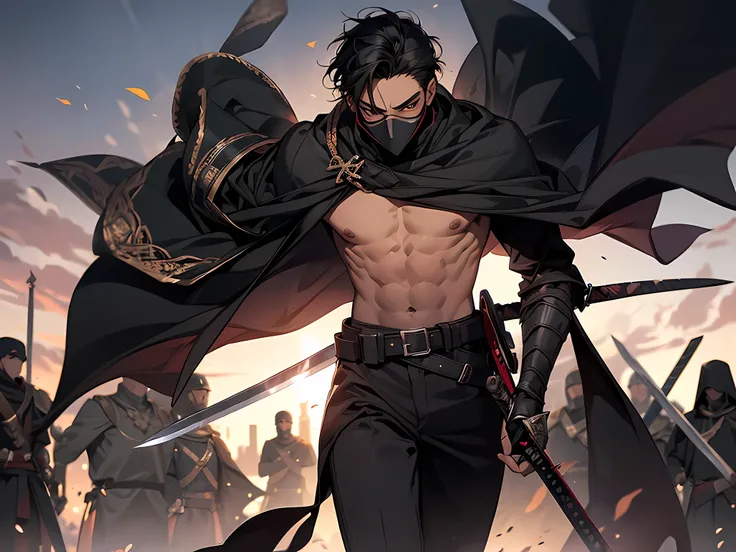 thin young man, dark skin wearing mask, V-shaped vendetta wears a mask, bare chest, worn out cloth, black hair, training with a sword, sword clashing, battle with sword