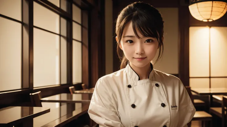 masterpiece, award winning, high quality, super detail, 8k, photo, girl, solo, smile, she is a pastry chef, chefs attire, portrait style, close up, she comes from Japan, Like a magazine interview, at the cafe, antique interior, soft lighting