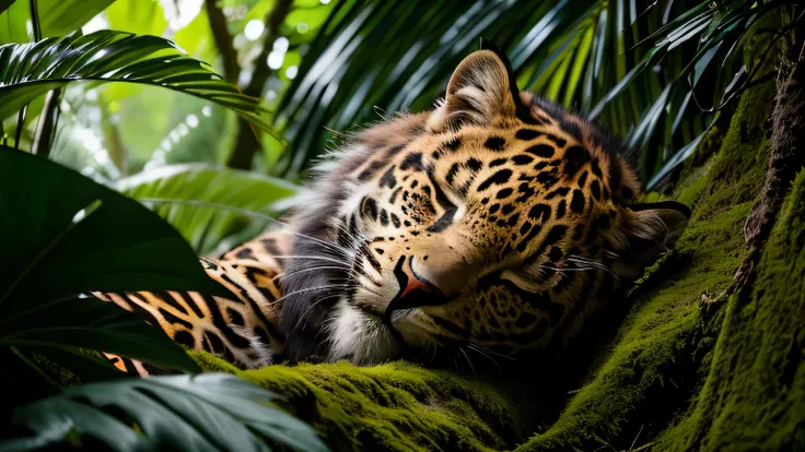 Fluffy coat, round face, close your eyes and take a nap, jaggers, cinematic, eye level, Artistic, rainforest, Eyes and mouth, leaves and water, beautiful fur pattern, green and brown, Sony, stroboscope, Amazon rainforest, morning, Mysterious, dense forest,...