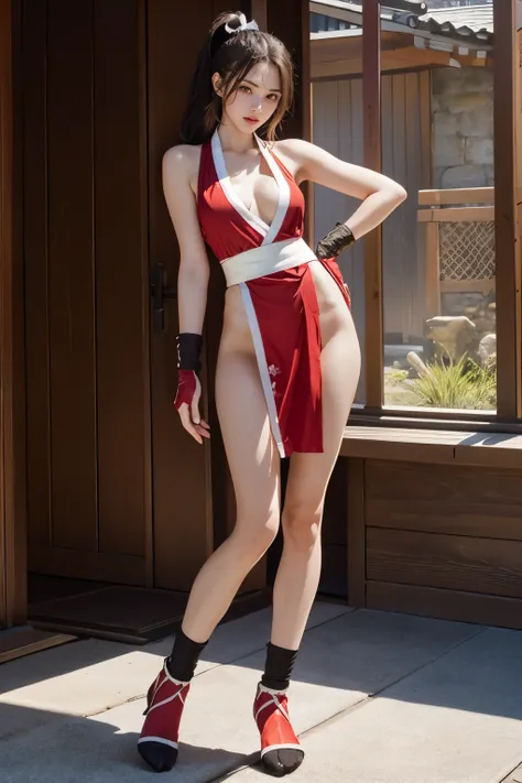 mai shiranui, (tabi:1.3), (Full body:1.4), (Toe;1.3), (Photo realistic:1.2), (masterpiece:1.2), (Best Quality), (ultra-detailliert), (8K, 4K, Convoluted), (Flat Lighting:1.2), (skinny), Prestige, Brown eyes, Long hair, brown eyes, long hair, brown hair, wh...