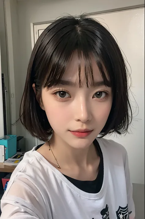 1 girl,(masterpiece:1.2), (best quality:1.2), (Very detailed), Selfie from the center front, (extremely Detailed face), ((Super detailed的眼睛和瞳孔)), (Super detailed), 8k, lifelike, pretty face, Smile, Instagram screenshot, Instagram style, in bedroom, looking...