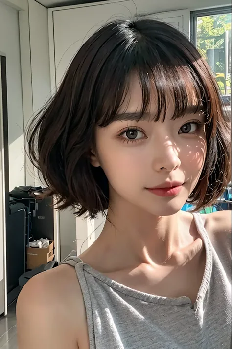 1 girl,(masterpiece:1.2), (best quality:1.2), (Very detailed), Selfie from the center front, (extremely Detailed face), ((Super detailed的眼睛和瞳孔)), (Super detailed), 8k, lifelike, pretty face, Smile, Instagram screenshot, Instagram style, in bedroom, looking...