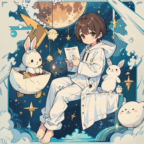 A 5-year-old brown-haired boy wearing white pajamas is drawing on paper. Rabbit stuffed animal, cute, stars, moon, milky way,