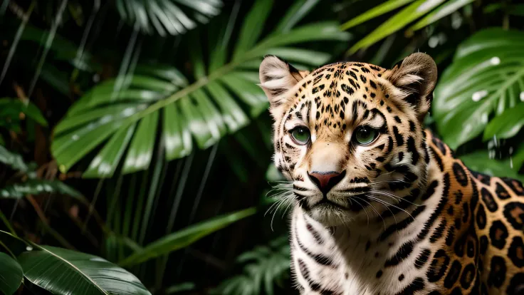 Fluffy coat, round face, Big eyes with sparkly, jaggers, cinematic, eye level, Artistic, rainforest, Eyes and mouth, leaves and water, beautiful fur pattern, green and brown, Sony, stroboscope, Amazon rainforest, morning, Mysterious, dense forest, muscular...