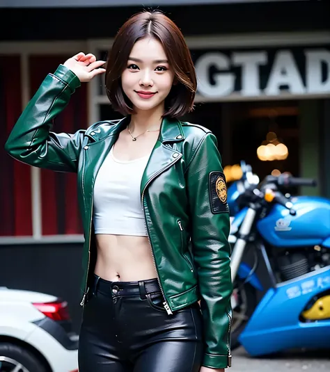 ((highest quality)), ((masterpiece)), ((perfect face))、（Detailed Motorcycle）、Detailed and clear photos、((Motorcycle Woman))、slender body、((Blue-green riding jacket and leather pants))、smile、((pose next to a bike))、short hair
